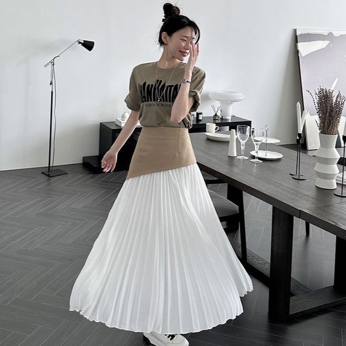 Pleated Contrast Color High Waist Women's Skirt