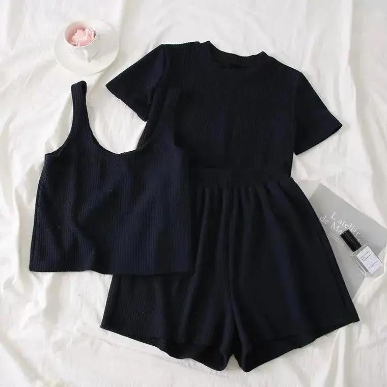 Women's Short-sleeved Three-piece Set Wide-leg Shorts