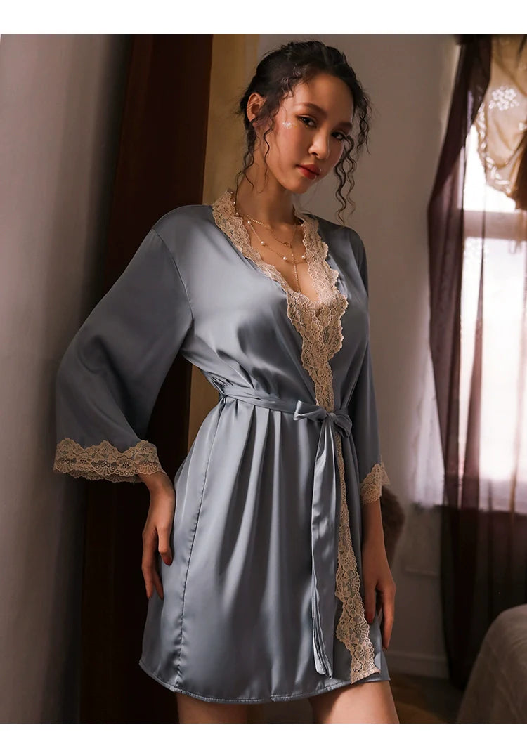 Women's Sexy Lace Pajamas Fancy Ice Silk Strap Night Dress