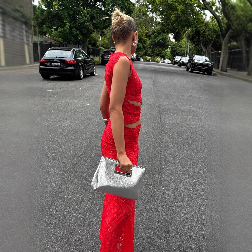 Hollow Out Irregular Sexy Dress Red Top And Skirt Suit