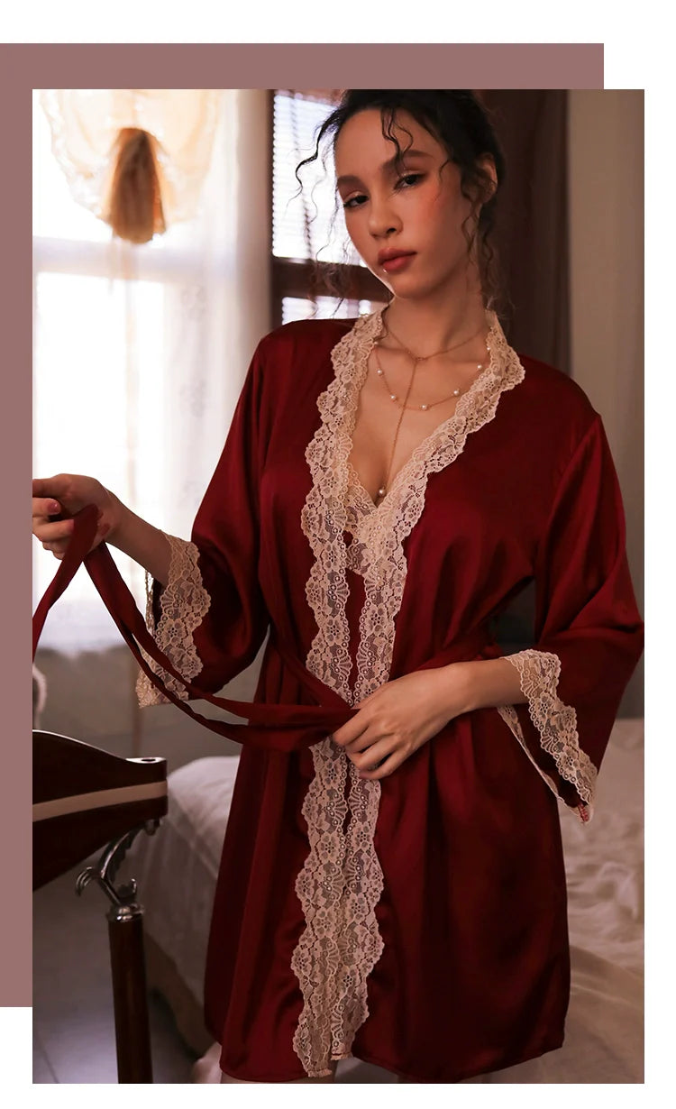 Women's Sexy Lace Pajamas Fancy Ice Silk Strap Night Dress