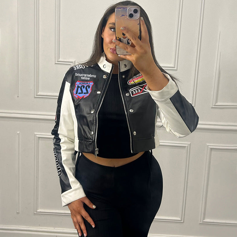 Women's Cropped Printed Long Sleeve Baseball Uniform Coat