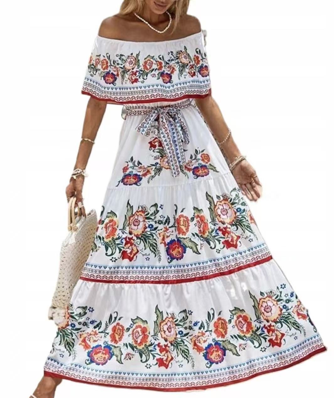 Summer Off-shoulder Printing Belt Long Large Hem Dress