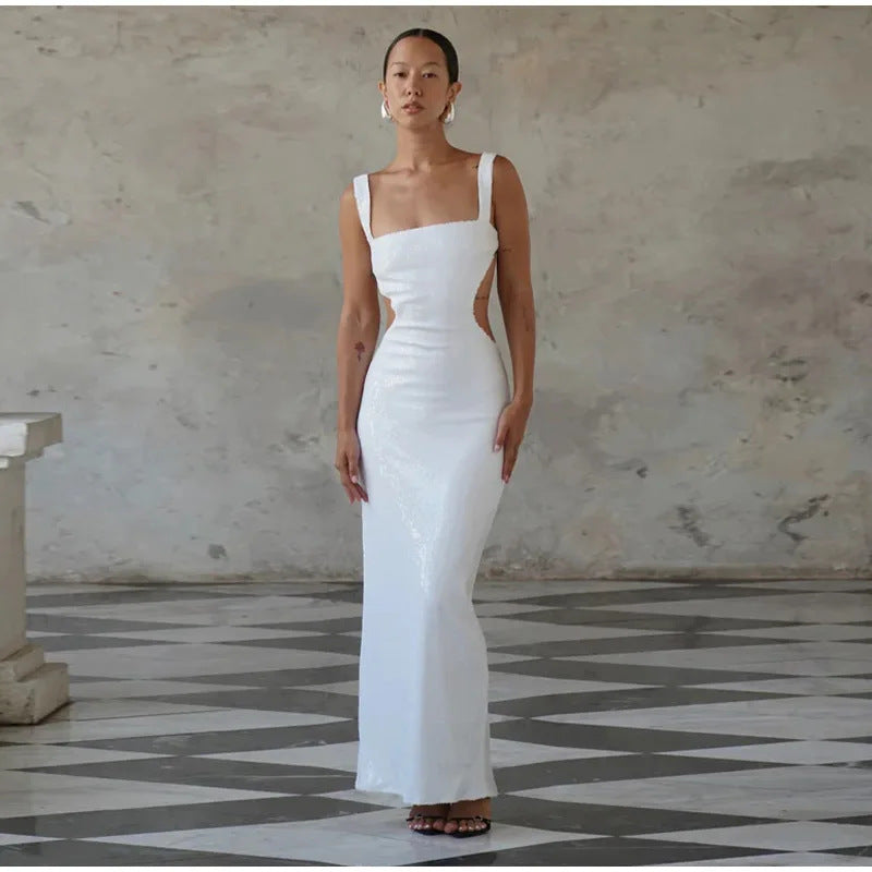 Sequined Square Collar Sling Party Dress