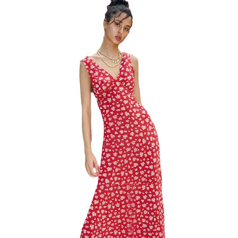 French Romantic Style Printing Deep V Sexy Fashion Floral Dress