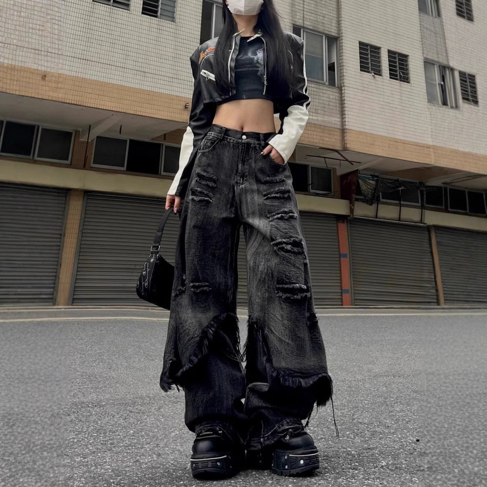 High Street Distressed Cargo Jeans Wide Leg Trousers