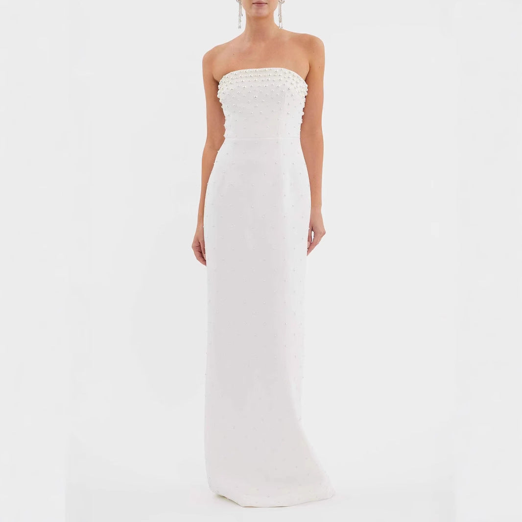 Pure Color Tube-top Long Skirt Temperament Commute High Waist Dress