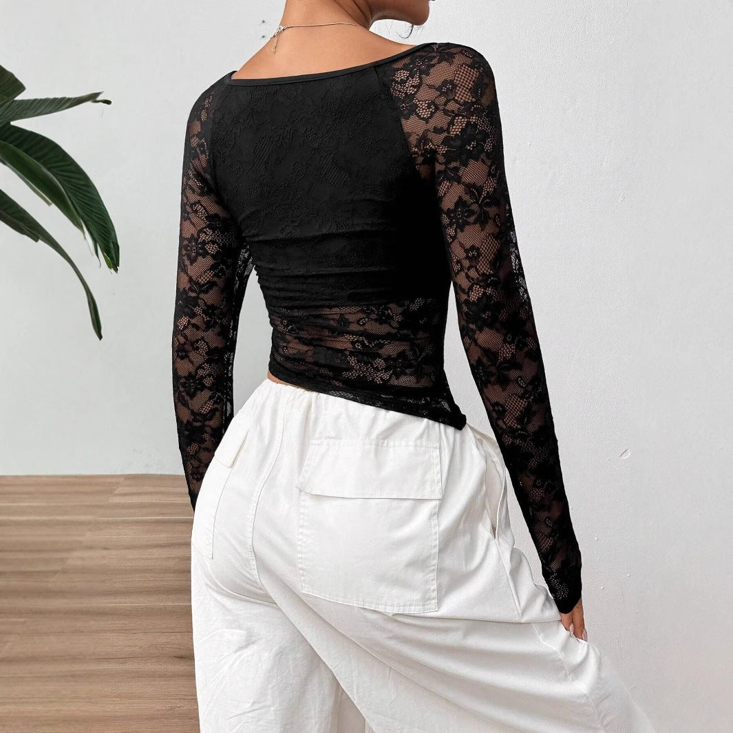 Elegant Women's Lace U-collar Asymmetric Top