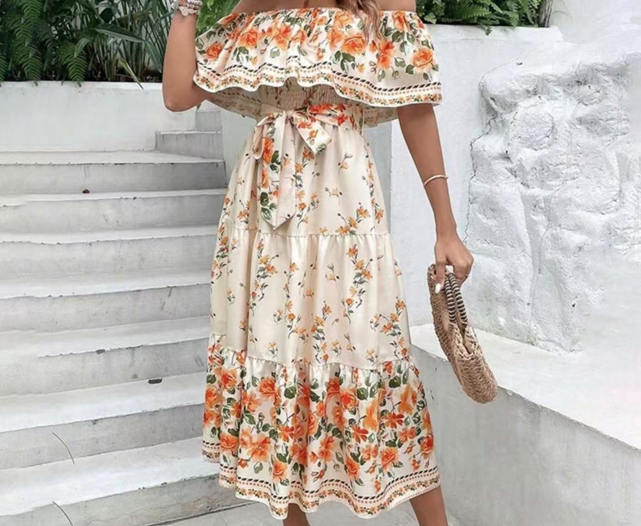 Summer Off-shoulder Printing Belt Long Large Hem Dress