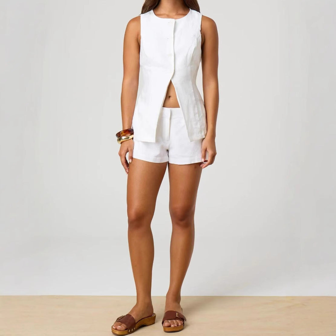 Wide Leg Leisure Cotton Linen Solid Color Shorts