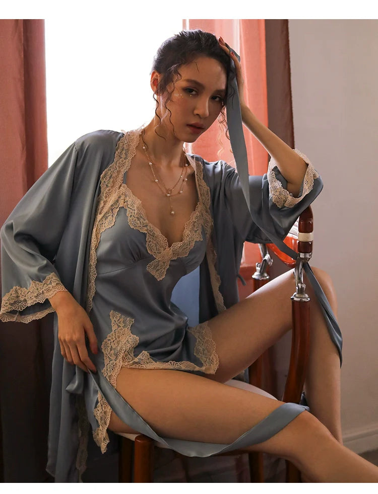 Women's Sexy Lace Pajamas Fancy Ice Silk Strap Night Dress