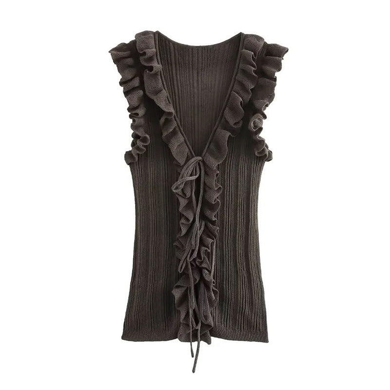 Women's Frill Tie With Sleeveless Knitted Cardigan Top