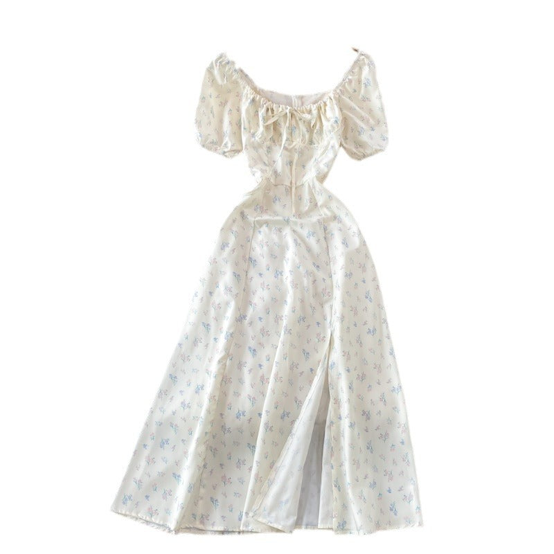 Women's Clothing Princess Sleeves Off-neck Sexy Slit Slim Fit Printed Dress