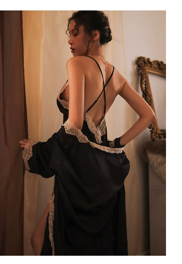 Women's Sexy Lace Pajamas Fancy Ice Silk Strap Night Dress