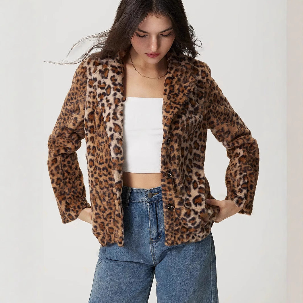 Women's Buckle Lapel Thickening Leopard Print Coat