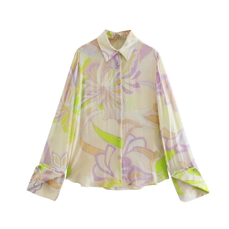 Women's French Retro And Fashion All-matching Printed Shirt Straight-leg Trousers Suit