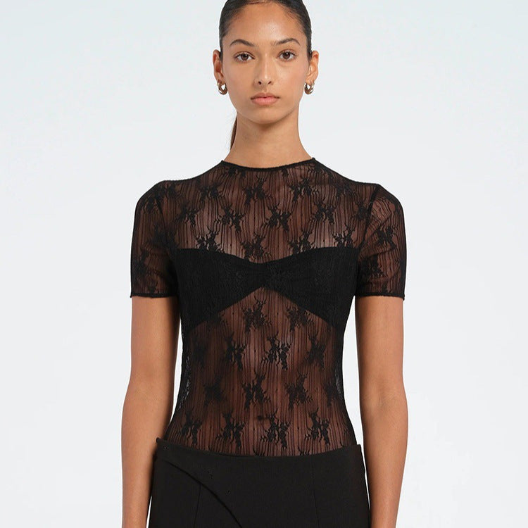 Jacquard Mesh See-through Pleated Slim Fit Short Sleeve Rompers