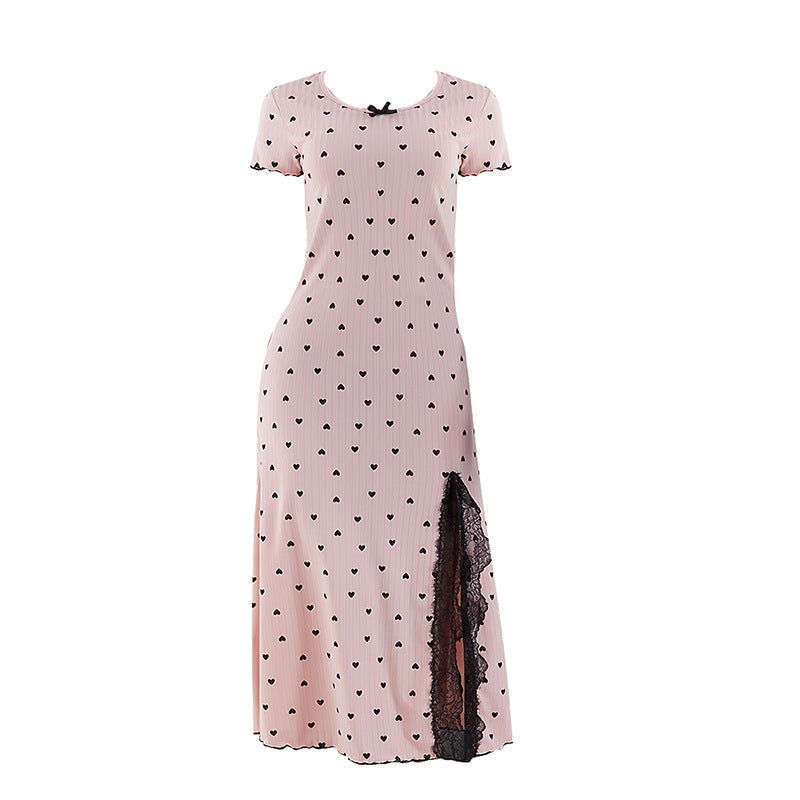 Round Neck Short Sleeve Love Slit Mid-length Dress