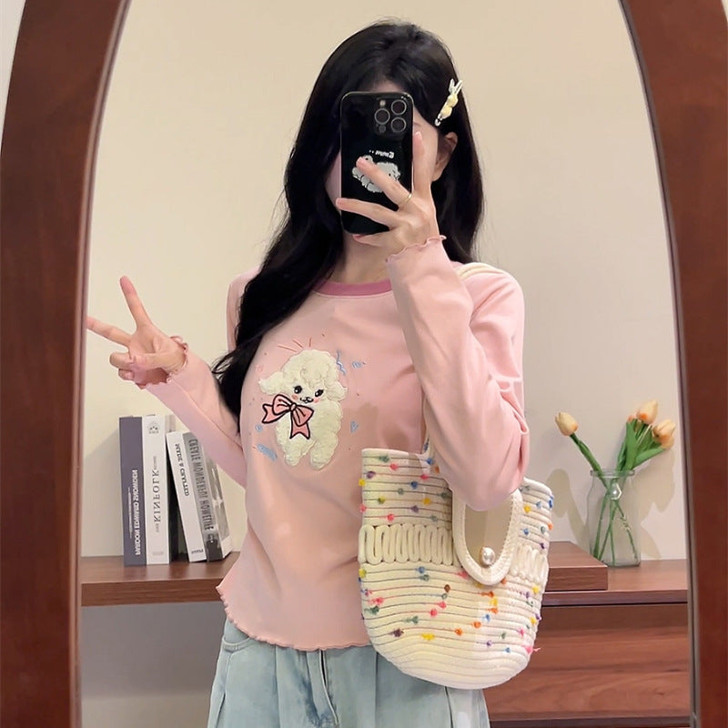 Sweet Lamb Flocking Cute Long Sleeve Top Women's Round Neck Shoulder