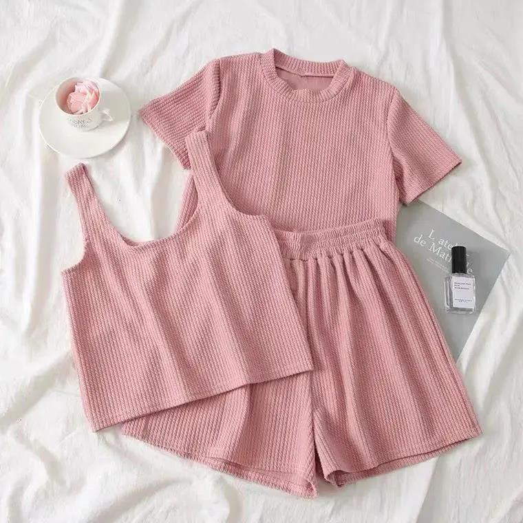 Women's Short-sleeved Three-piece Set Wide-leg Shorts