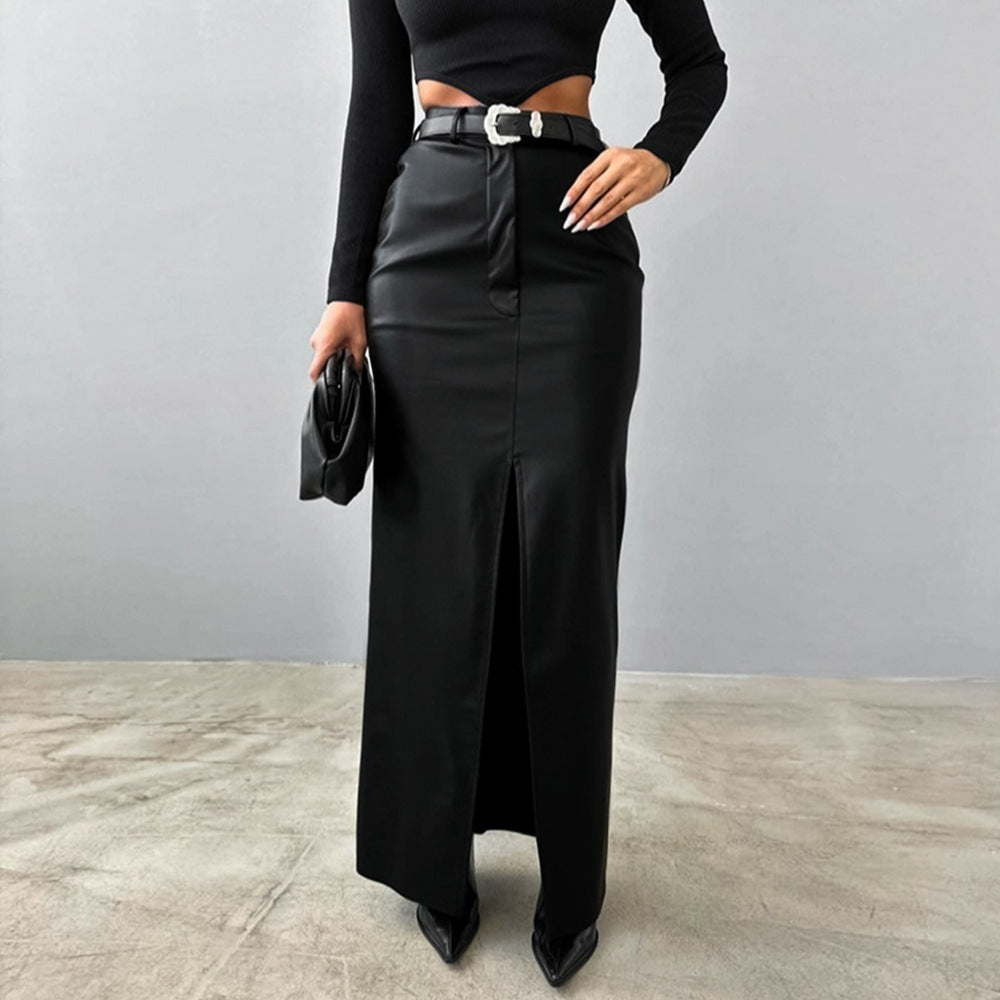 Leather Design Split Solid Color High Waist Simple Skirt