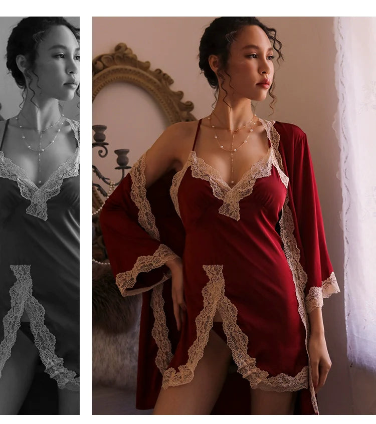 Women's Sexy Lace Pajamas Fancy Ice Silk Strap Night Dress