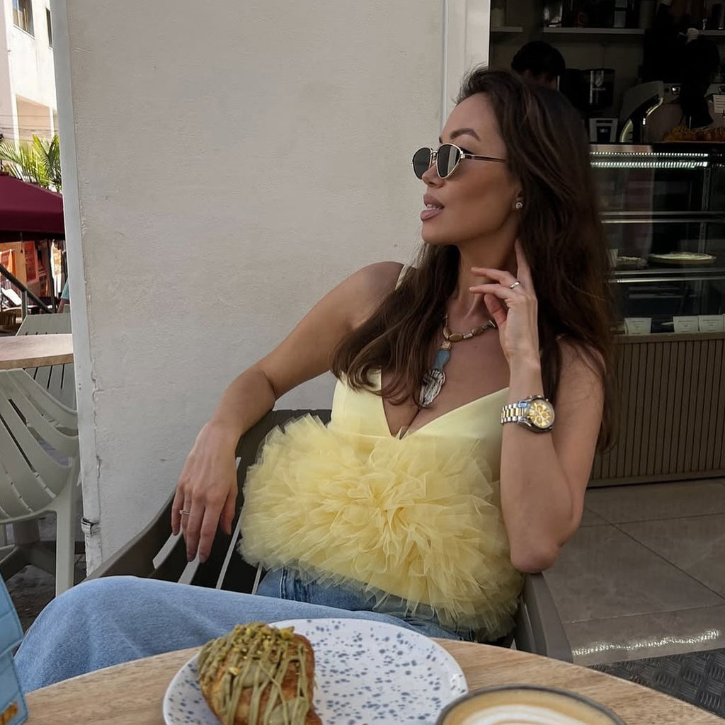 Mesh V-neck Patchwork Suspenders Top For Women