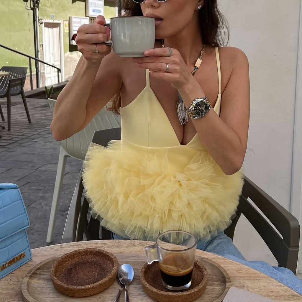 Mesh V-neck Patchwork Suspenders Top For Women