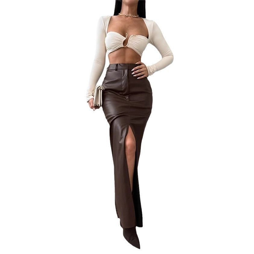 Leather Design Split Solid Color High Waist Simple Skirt