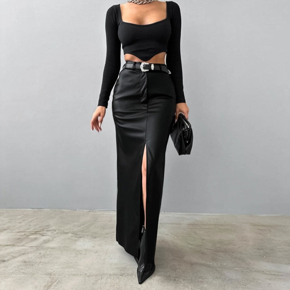 Leather Design Split Solid Color High Waist Simple Skirt