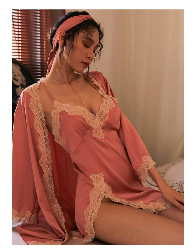 Women's Sexy Lace Pajamas Fancy Ice Silk Strap Night Dress