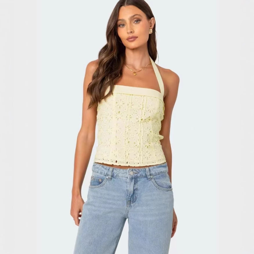 Pure Desire Style Hanging Collar Backless Embroidery Poplin Spaghetti-strap Camisole Top Summer