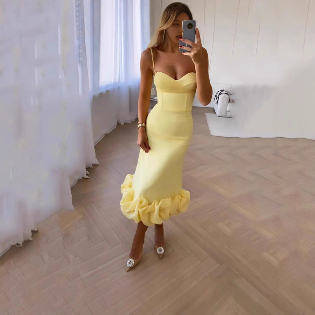 Retro Hepburn Style British Court Tight Waist Yellow Fishtail Skirt