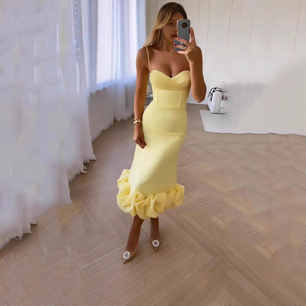 Retro Hepburn Style British Court Tight Waist Yellow Fishtail Skirt