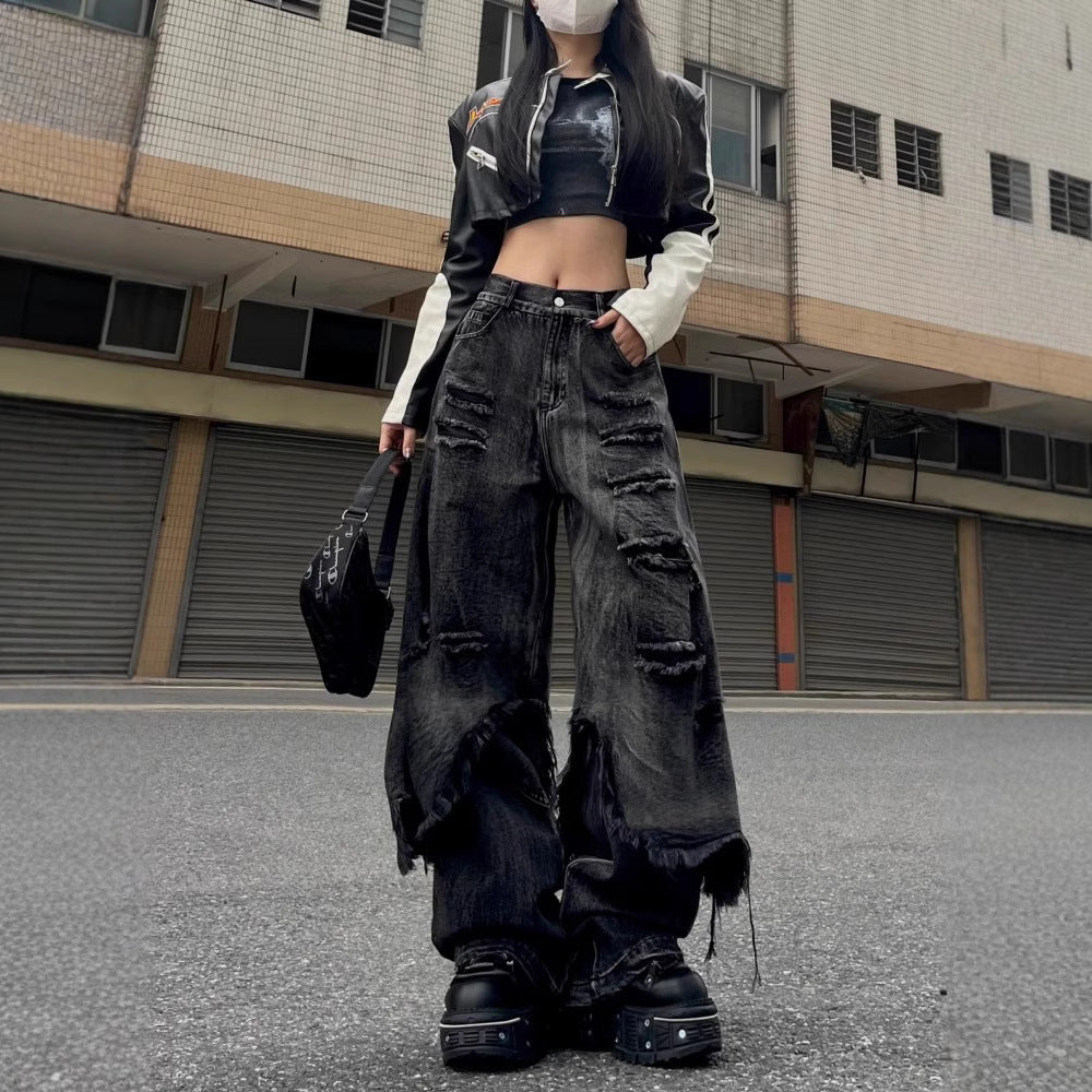 High Street Distressed Cargo Jeans Wide Leg Trousers