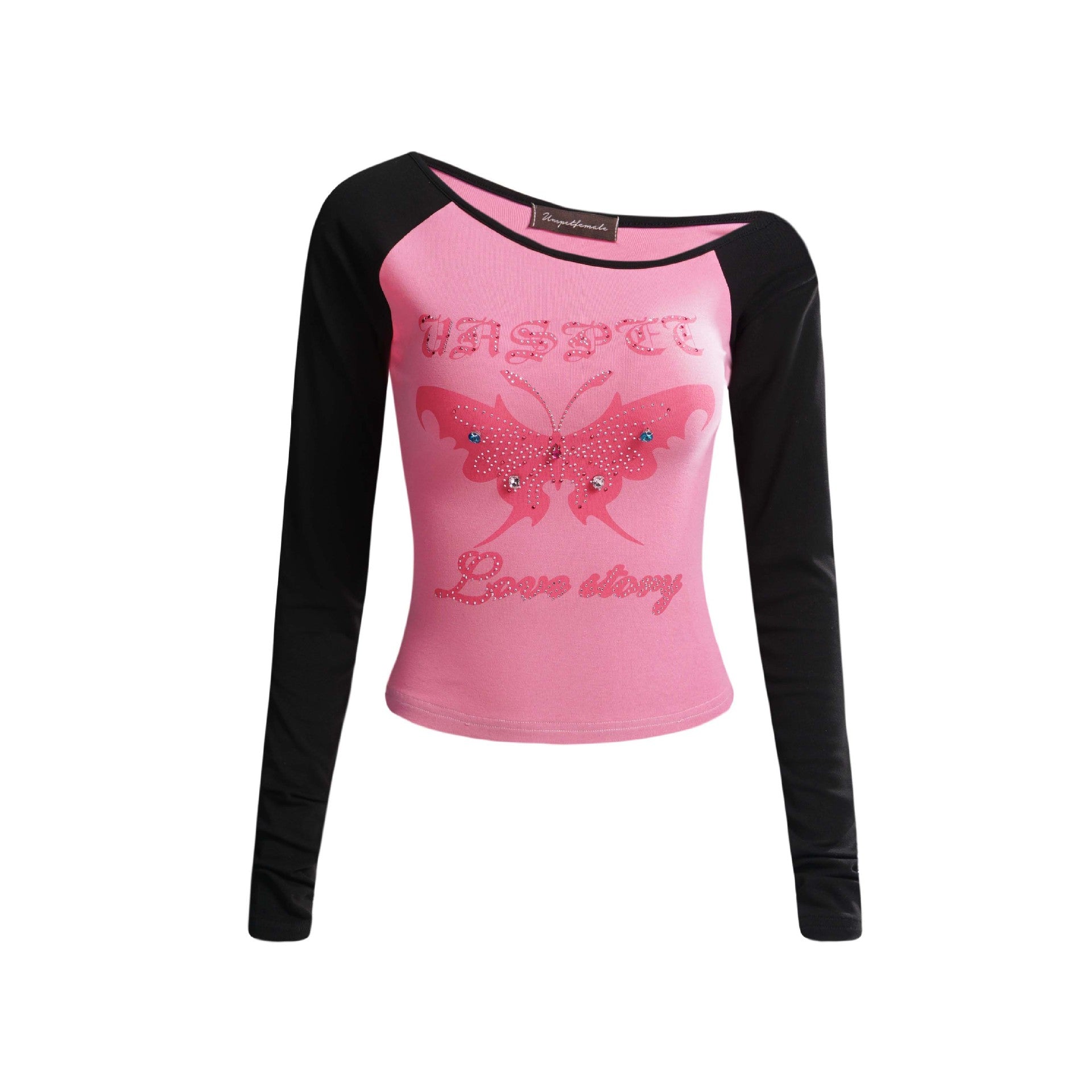 Retro Hot Girl Beaded Printed Shoulder Long Sleeve T-shirt