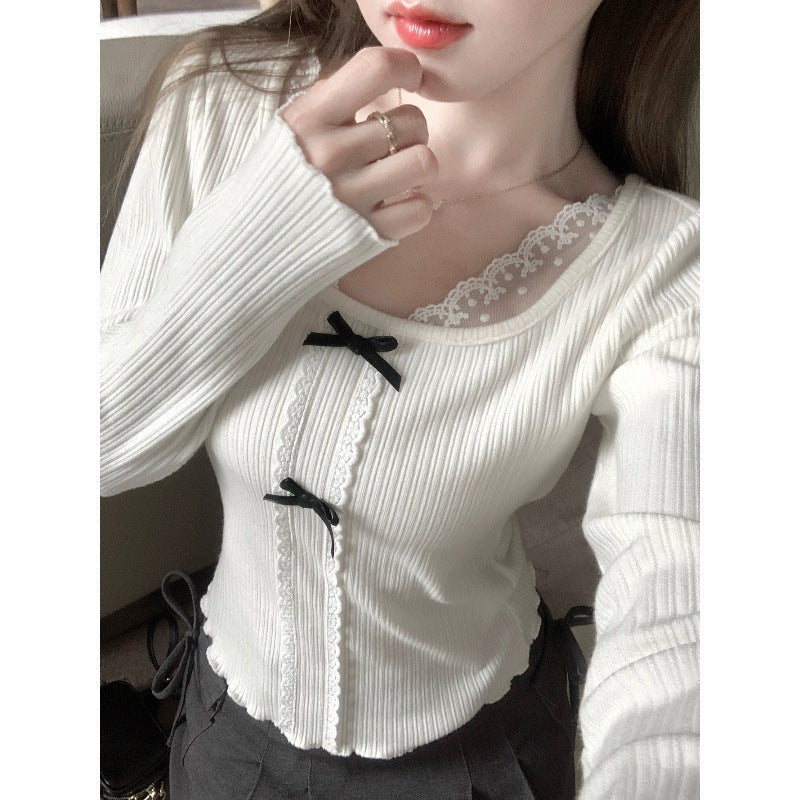 Women's Bow Lace Stitching Long Sleeve T-shirt Bottoming Top