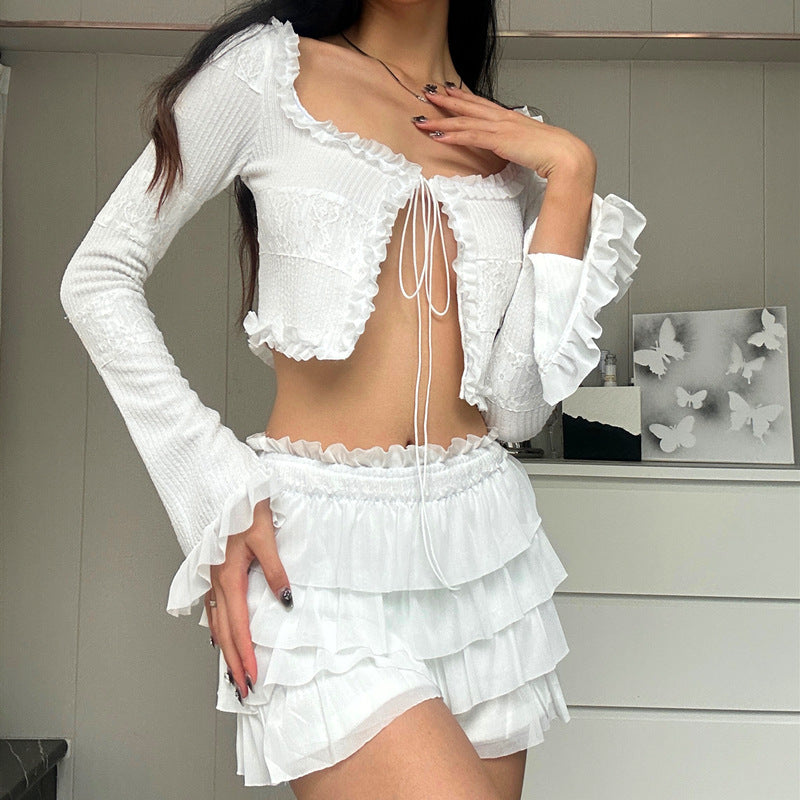 Women's Fashionable Knitted Ruffled Shorts Suit