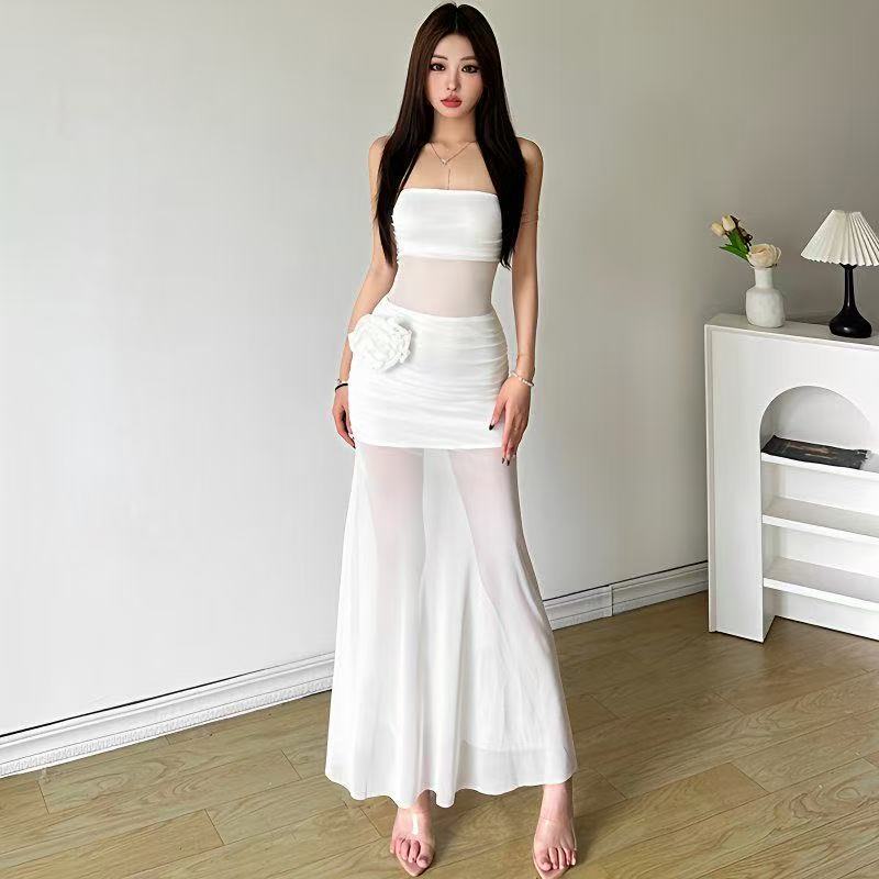 Three-dimensional Rose Mesh Stitching Tube Top Dress