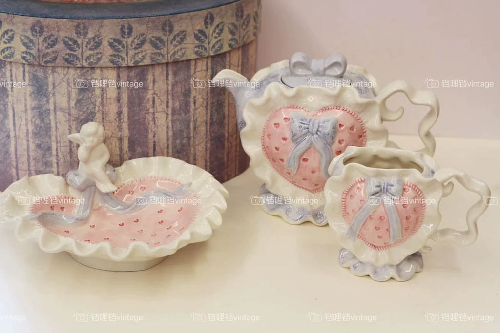Clang Li Vintage Retro Valentine's Day Cute Pink Heart Ceramic Water Cup Kettle