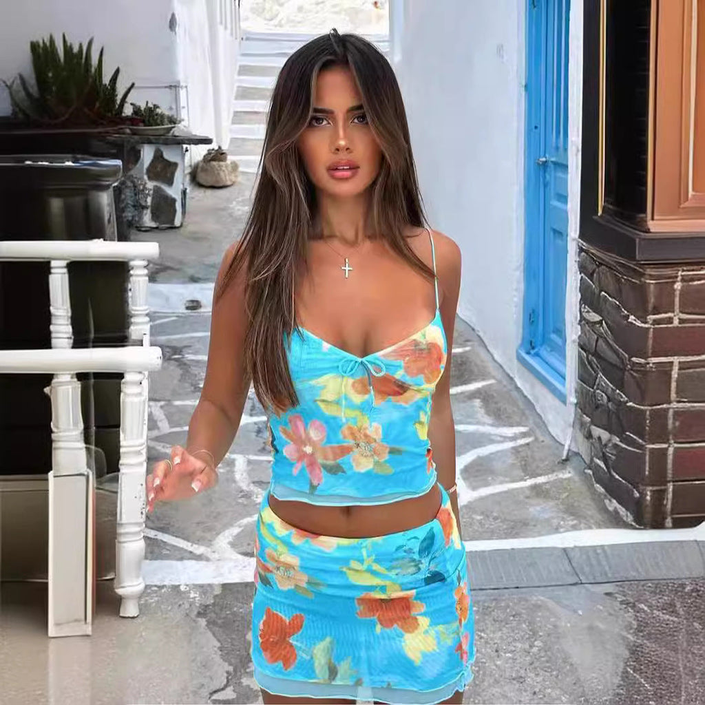 Women's Slim-fit Sling Fashion Printed Two-piece Suit