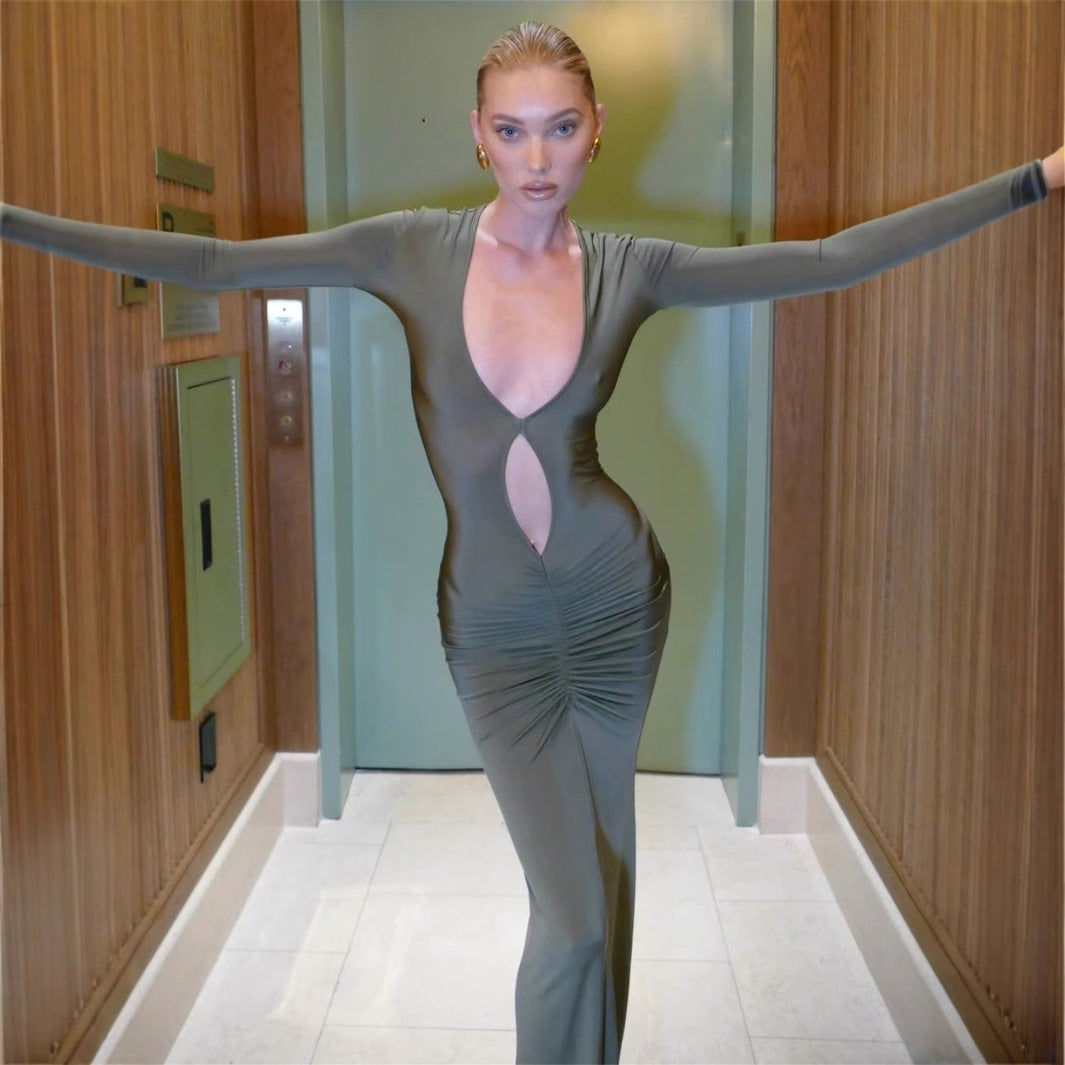 Slim Elastic Pleated Solid Color Sexy Sheath Dress