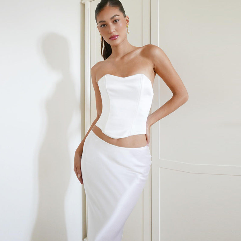 Solid Color Fashion Lace-up Bandeau Sexy Sheath Dress Suit