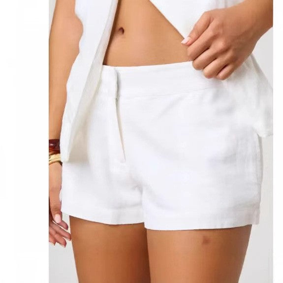 Wide Leg Leisure Cotton Linen Solid Color Shorts