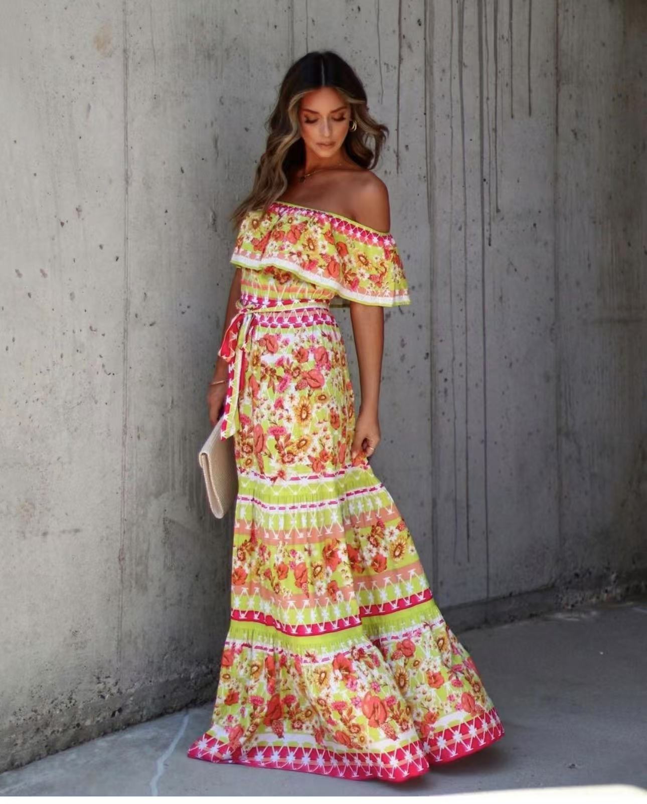 Summer Off-shoulder Printing Belt Long Large Hem Dress