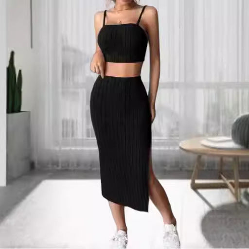Women's Solid Color Stretch Tight Midriff-baring Camisole Hip Skirt Suit
