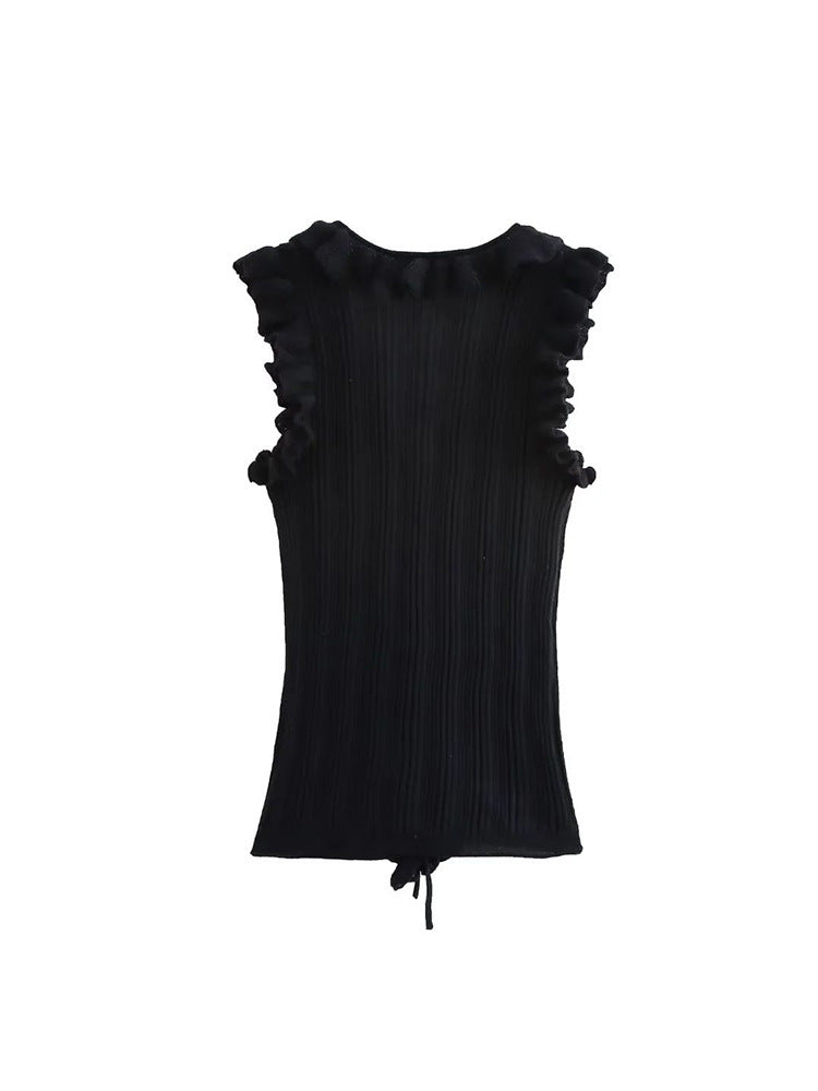 Women's Frill Tie With Sleeveless Knitted Cardigan Top