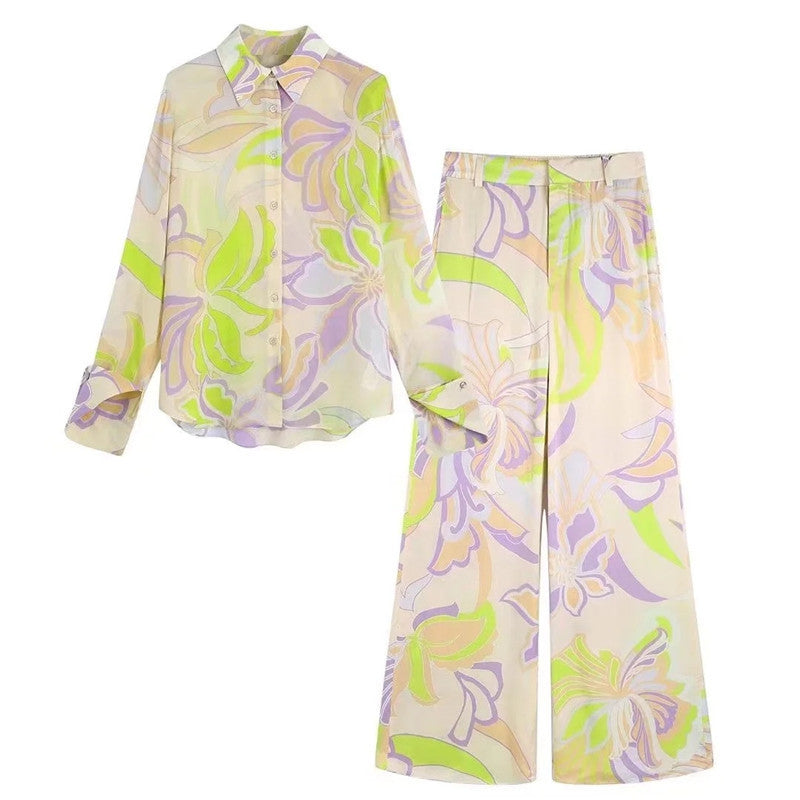 Women's French Retro And Fashion All-matching Printed Shirt Straight-leg Trousers Suit