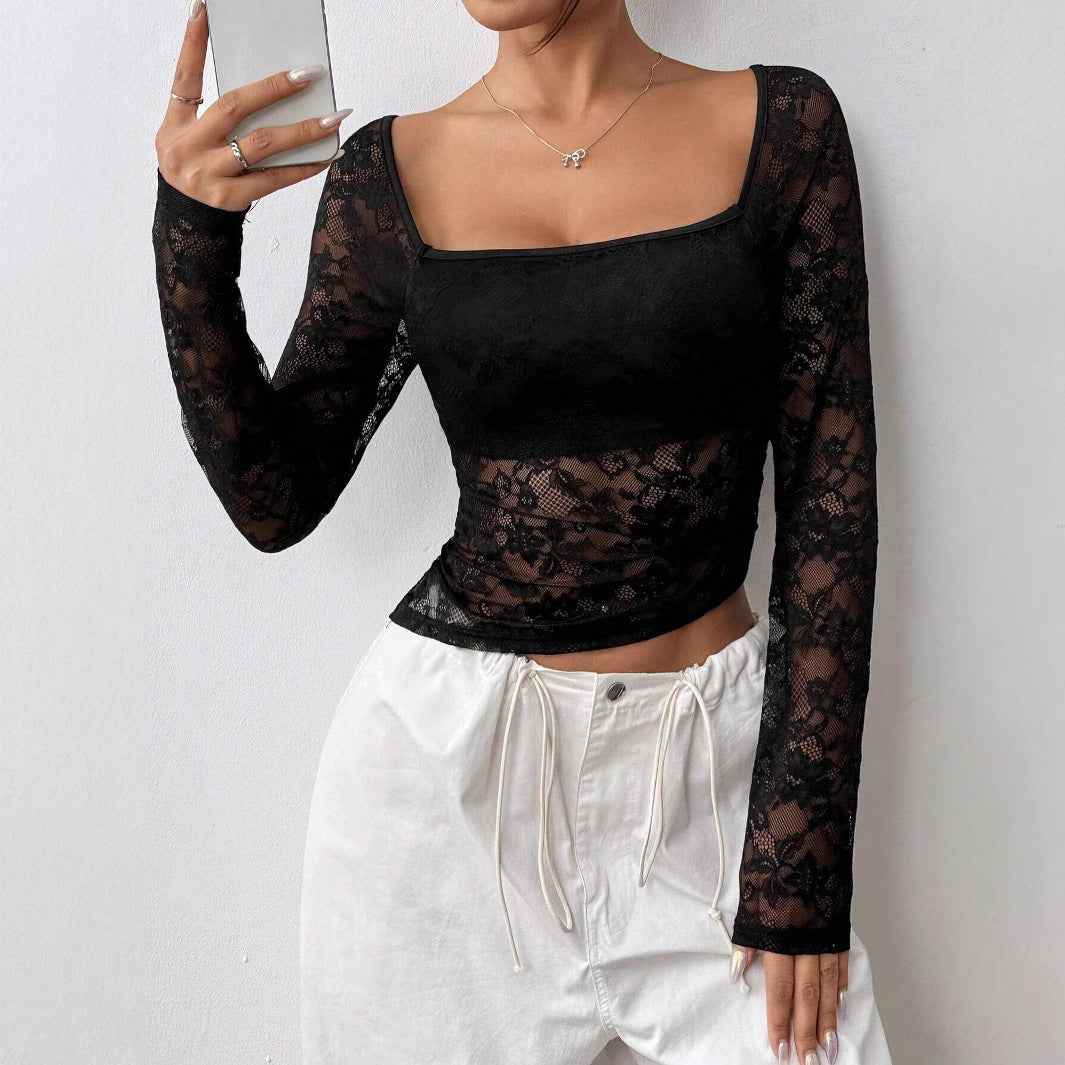 Elegant Women's Lace U-collar Asymmetric Top