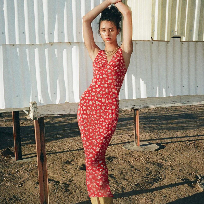 French Romantic Style Printing Deep V Sexy Fashion Floral Dress